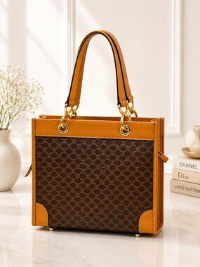 Authentic Celine Macadam Canvas Tote Bag Brown Tan Shoulder Handbag